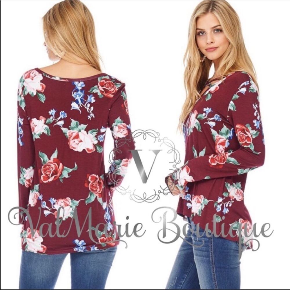LAST 1 - Burgundy floral cross cross top - Picture 2 of 2